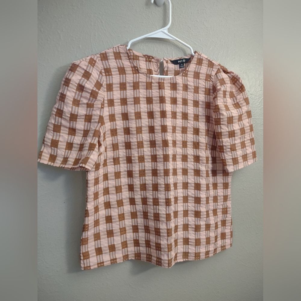 M.I.D Brown & White Gingham Textured Puff Sleeve Blouse - Size M